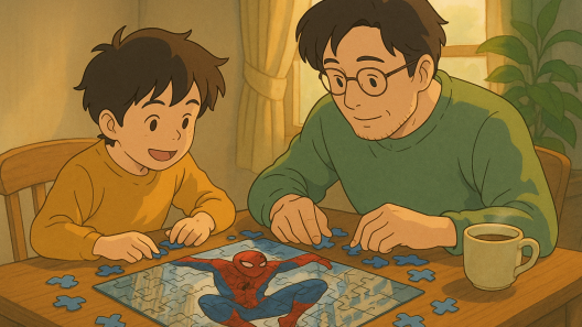 Enfant et parent assemblant un puzzle de super-héros rouge et bleu dans une ambiance chaleureuse façon Ghibli, avec tasse de thé et plante verte.