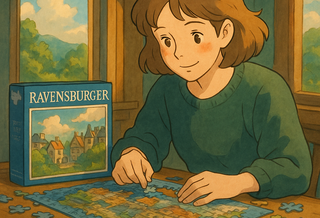 Illustration Ghibli d’une femme assemblant un puzzle Ravensburger sur une table en bois, avec une boîte Ravensburger posée à côté et un paysage ensoleillé en arrière-plan