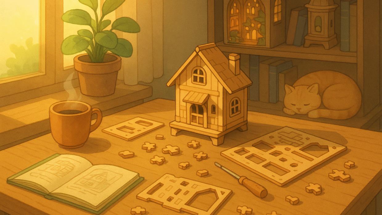 Illustration style Ghibli d’un robotime puzzle 3D en bois en cours d’assemblage sur un bureau ensoleillé, avec une tasse de thé, un manuel ouvert et un book nook lumineux en arrière-plan