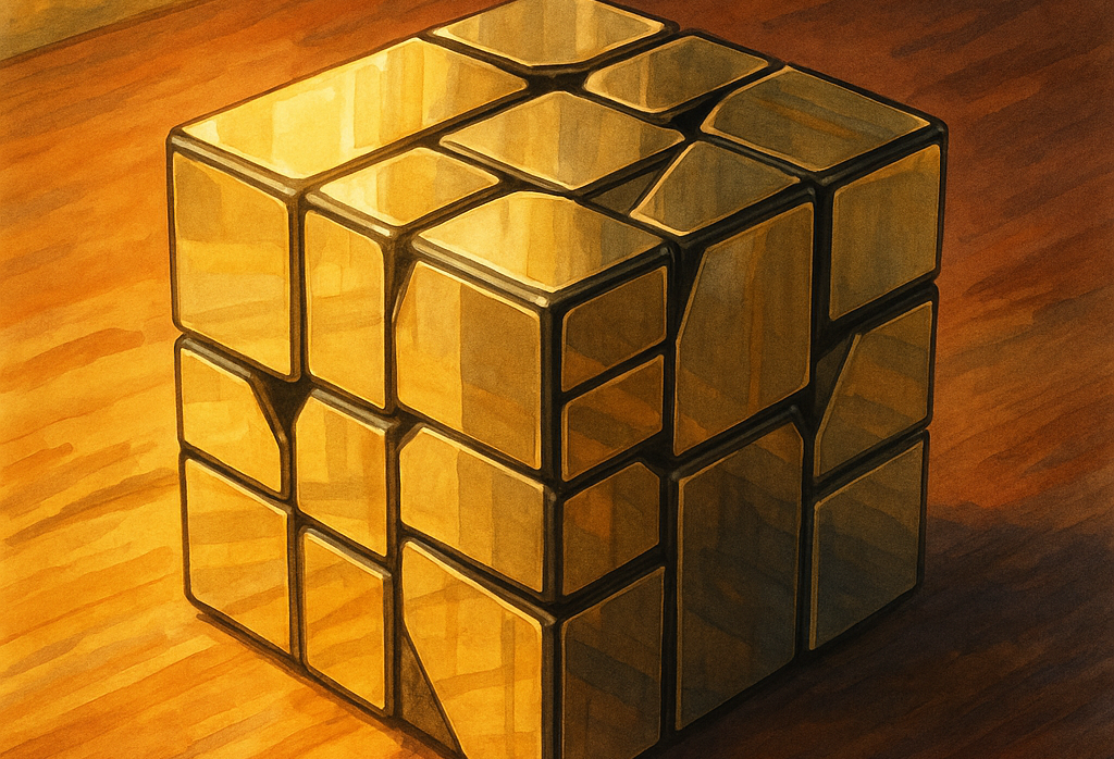 Illustration façon Ghibli d’un Rubik’s cube miroir doré posé sur une table en bois, baigné de lumière chaude, ambiance calme et poétique