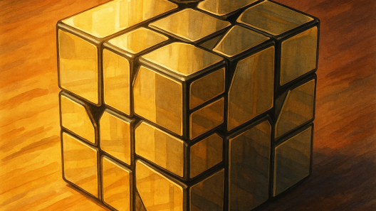 Illustration façon Ghibli d’un Rubik’s cube miroir doré posé sur une table en bois, baigné de lumière chaude, ambiance calme et poétique