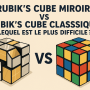 Illustration comparant un Rubik’s cube miroir doré et un Rubik’s cube classique coloré avec la question “lequel est le plus difficile ?”