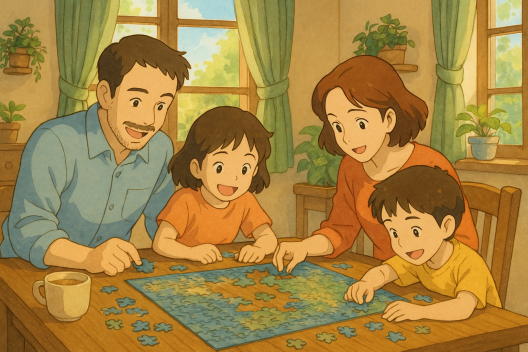 Une famille assemble un puzzle sur une table en bois, baignée de lumière naturelle. Scène chaleureuse inspirée de l’univers Ghibli, illustrant la recherche de la meilleure solution puzzle dans une ambiance calme et cocooning