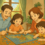 Une famille assemble un puzzle sur une table en bois, baignée de lumière naturelle. Scène chaleureuse inspirée de l’univers Ghibli, illustrant la recherche de la meilleure solution puzzle dans une ambiance calme et cocooning