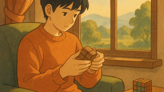 Illustration douce et poétique d’une personne assise dans un fauteuil, résolvant un casse-tête devant une fenêtre dans une ambiance animée japonaise chaleureuse