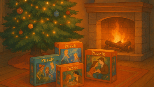 Illustration chaleureuse montrant des boîtes de puzzles sous un sapin de Noël dans un salon cosy avec une cheminée allumée