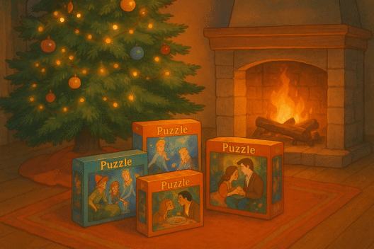 Illustration chaleureuse montrant des boîtes de puzzles sous un sapin de Noël dans un salon cosy avec une cheminée allumée