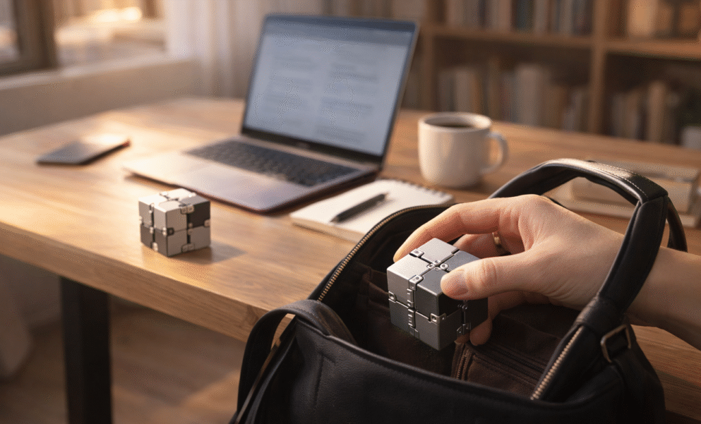 Infinity cube usage quotidien 2026 : bureau télétravail → sac à main, discret partout pour pros/parents