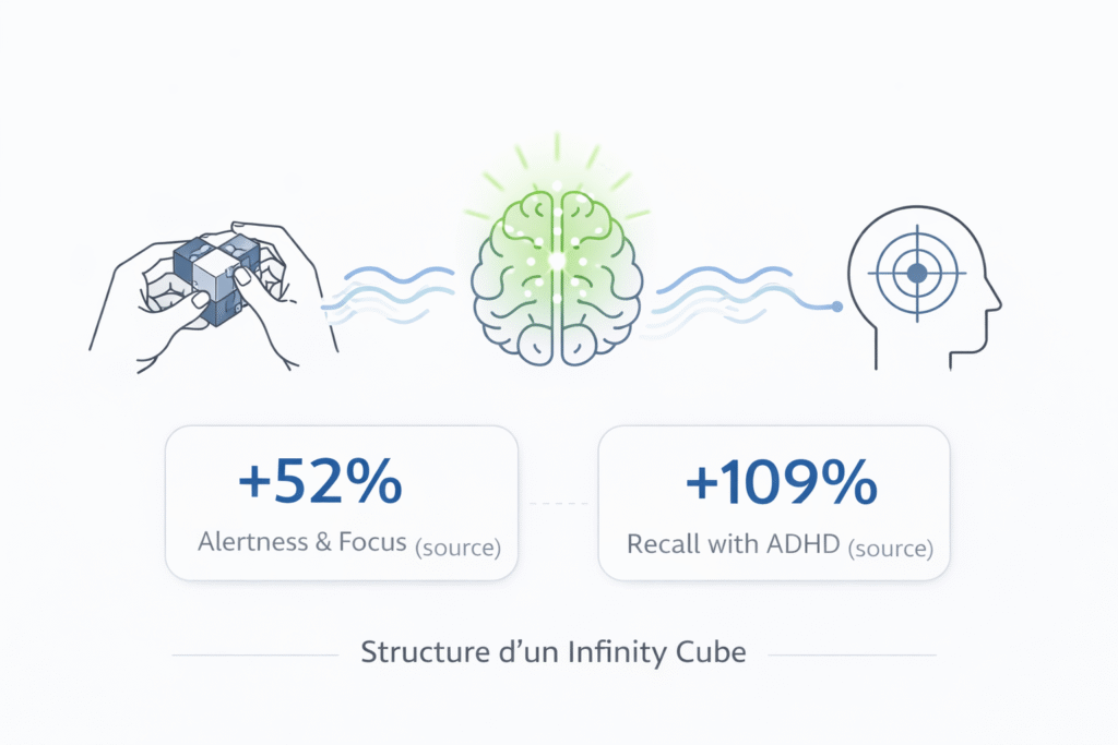 Infographie science infinity cube : geste répétitif mains → ondes proprioceptives → cerveau focus +52% sensorimotricité +109% perception (études 2024)