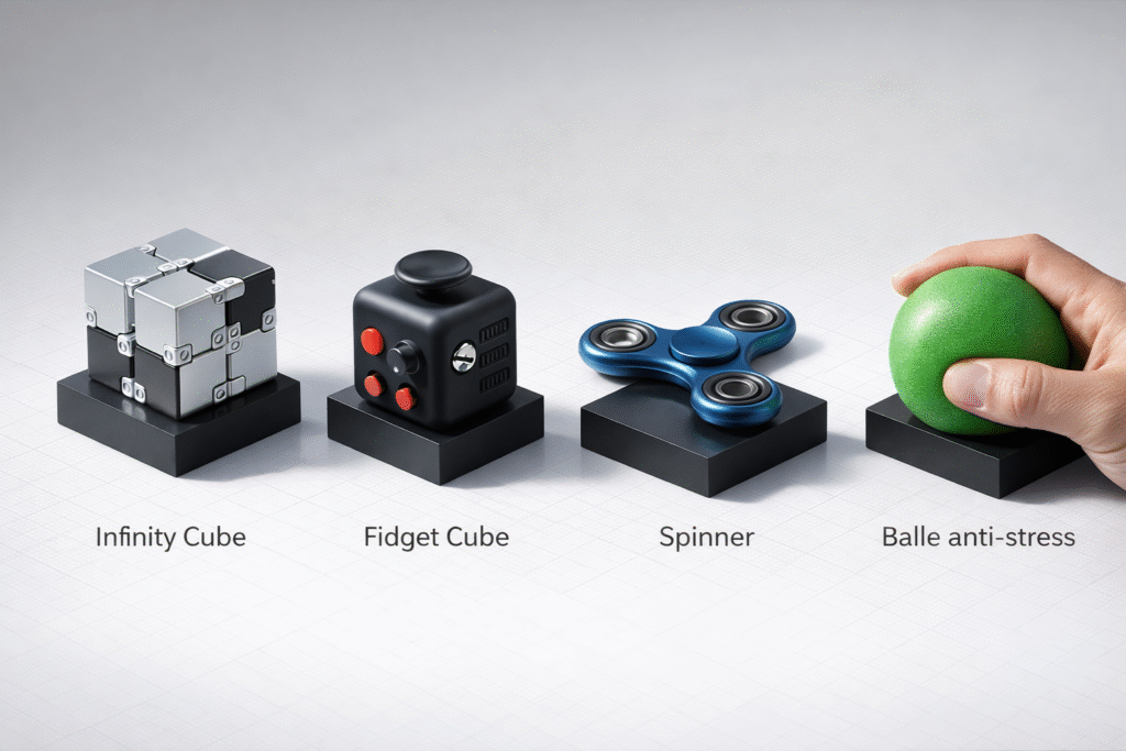 Comparatif visuel 4 fidgets anti-stress 2026 : infinity cube vs fidget cube vs spinner vs balle (choisir selon besoin focus)