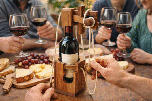 Casse-tête bouteille en bois utilisé lors d’un moment de partage autour d’un verre de vin