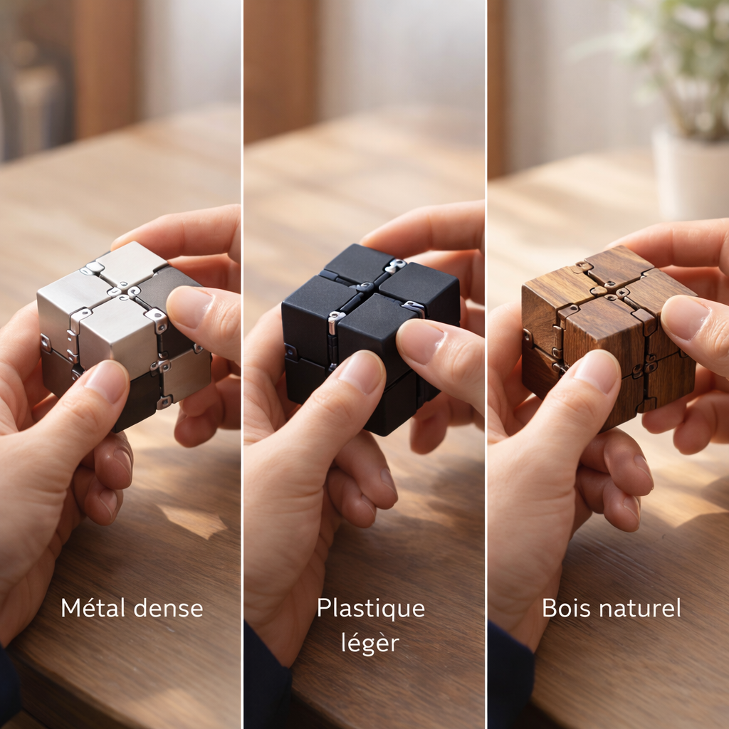 Infinity cube matériaux comparaison 2026 : métal titane brillant vs plastique mat vs bois texturé en mai