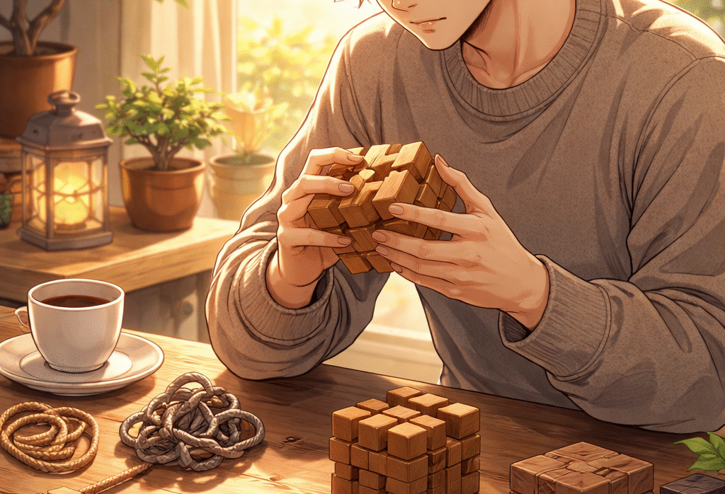 Illustration animée douce représentant un adulte concentré en train de résoudre des casse-têtes adulte très difficiles en bois et en métal, symbole de patience et de réflexion