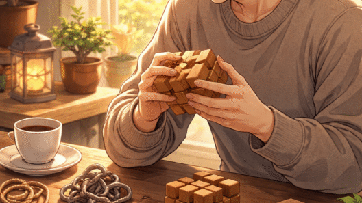 Illustration animée douce représentant un adulte concentré en train de résoudre des casse-têtes adulte très difficiles en bois et en métal, symbole de patience et de réflexion