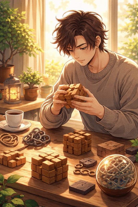 Illustration animée douce représentant un adulte concentré en train de résoudre des casse-têtes adulte très difficiles en bois et en métal, symbole de patience et de réflexion