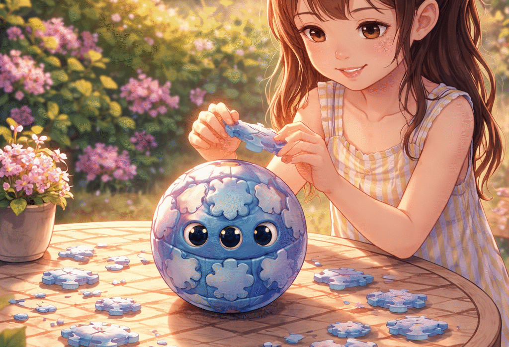 Illustration douce d’une petite fille assemblant un puzzle 3D Stitch sur une table de jardin, en fin de journée, dans un univers japonais apaisant et ludique
