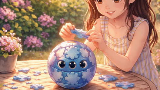 Illustration douce d’une petite fille assemblant un puzzle 3D Stitch sur une table de jardin, en fin de journée, dans un univers japonais apaisant et ludique