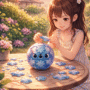Illustration douce d’une petite fille assemblant un puzzle 3D Stitch sur une table de jardin, en fin de journée, dans un univers japonais apaisant et ludique