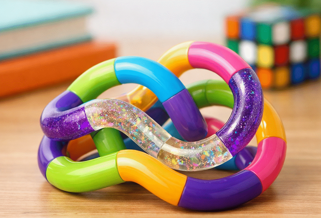 Tangle fidget coloré aux maillons courbés multicolores et pailletés posé sur un bureau — test et avis 2026