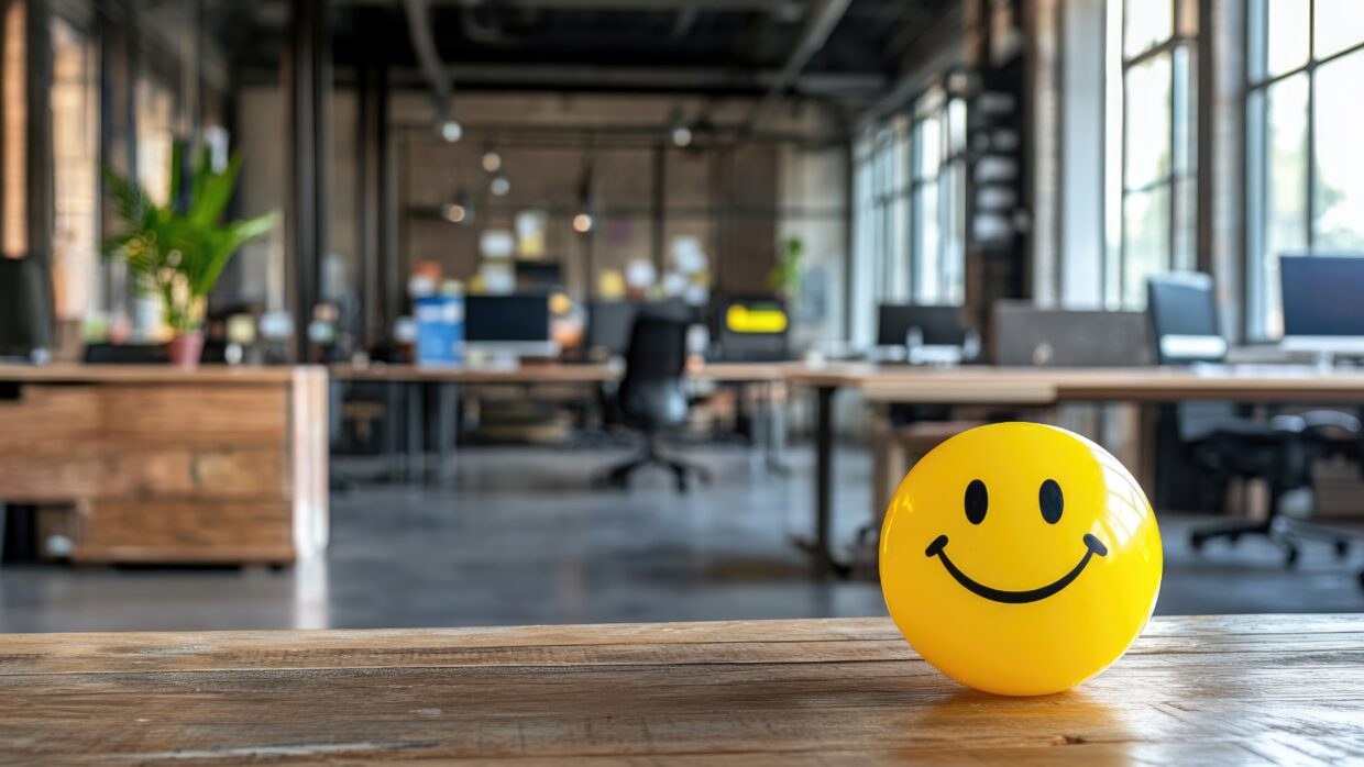 Image d'illustration de l'article bien être au travail pour Fidgets et Puzzles. Petite balle smiley posée sur un table dans un open space